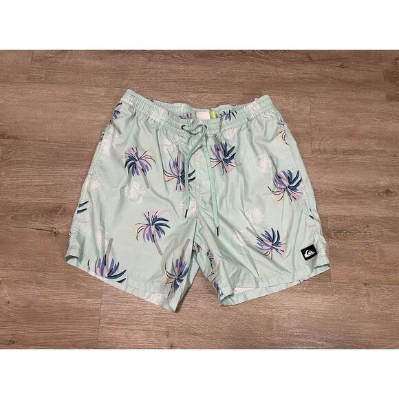 Quicksilver Swim Board Shorts Men's Sz L Teal Green Floral Elastic Waist Pockets - Picture 1 of 6